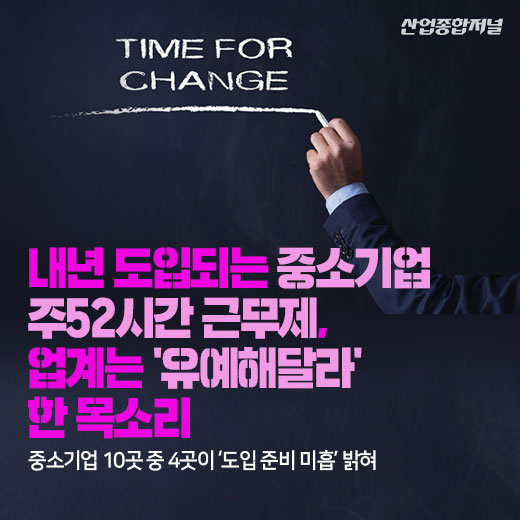 [카드뉴스] 내년 도입되는 중소기업 주52시간 근무제, 업계는 ‘유예해달라’ 한 목소리 - 산업종합저널 정책