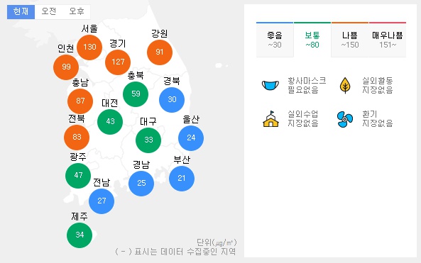 서울 수도권 미세먼지 농도 '한때 나쁨' 오후 '보통'