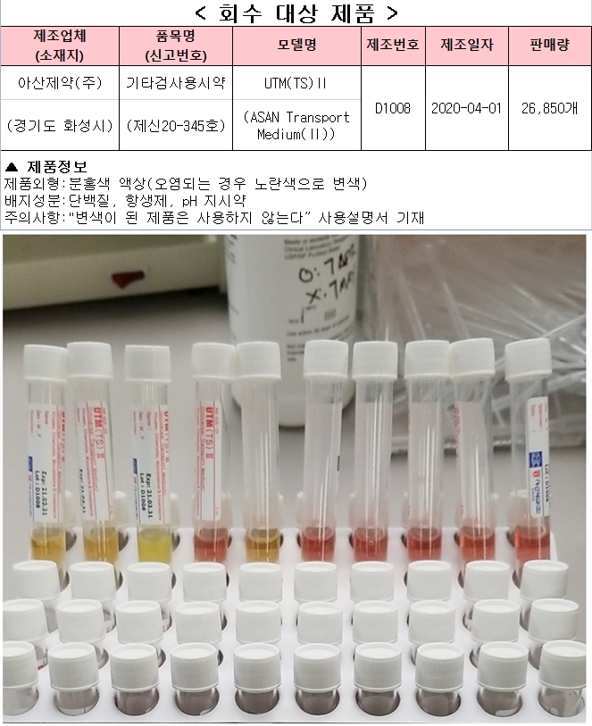 바이러스(코로나19 바이러스 포함)진단 검사용 품질분량 검체 회수조치