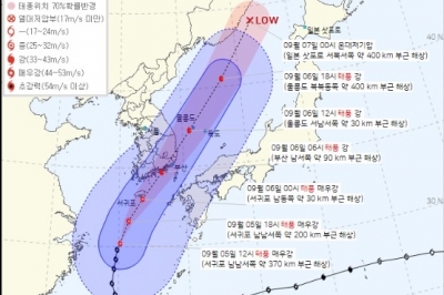 태풍 힌남노가 뿌린 비, 제주 삼각봉 399 광덕산(화천) 140 영북(포천) 135